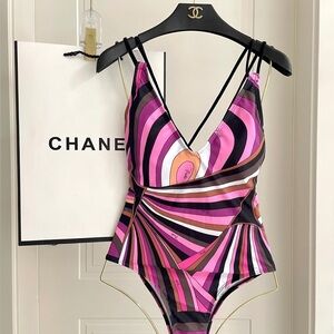 Emilio Pucci Striped Pink & Black One-Piece Swimsuit